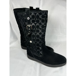 Coach Black Suede Tullip F2020/G12 Monogram Mid-Calf Boots Women Sz 11B Faux Fur